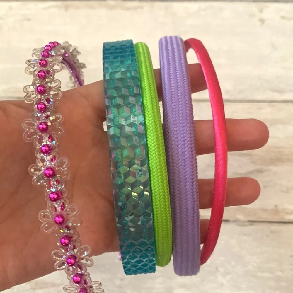 Girls Headbands Bundle Set of 5 Colorful Lot Pink Purple Green Blue Flowers Hair